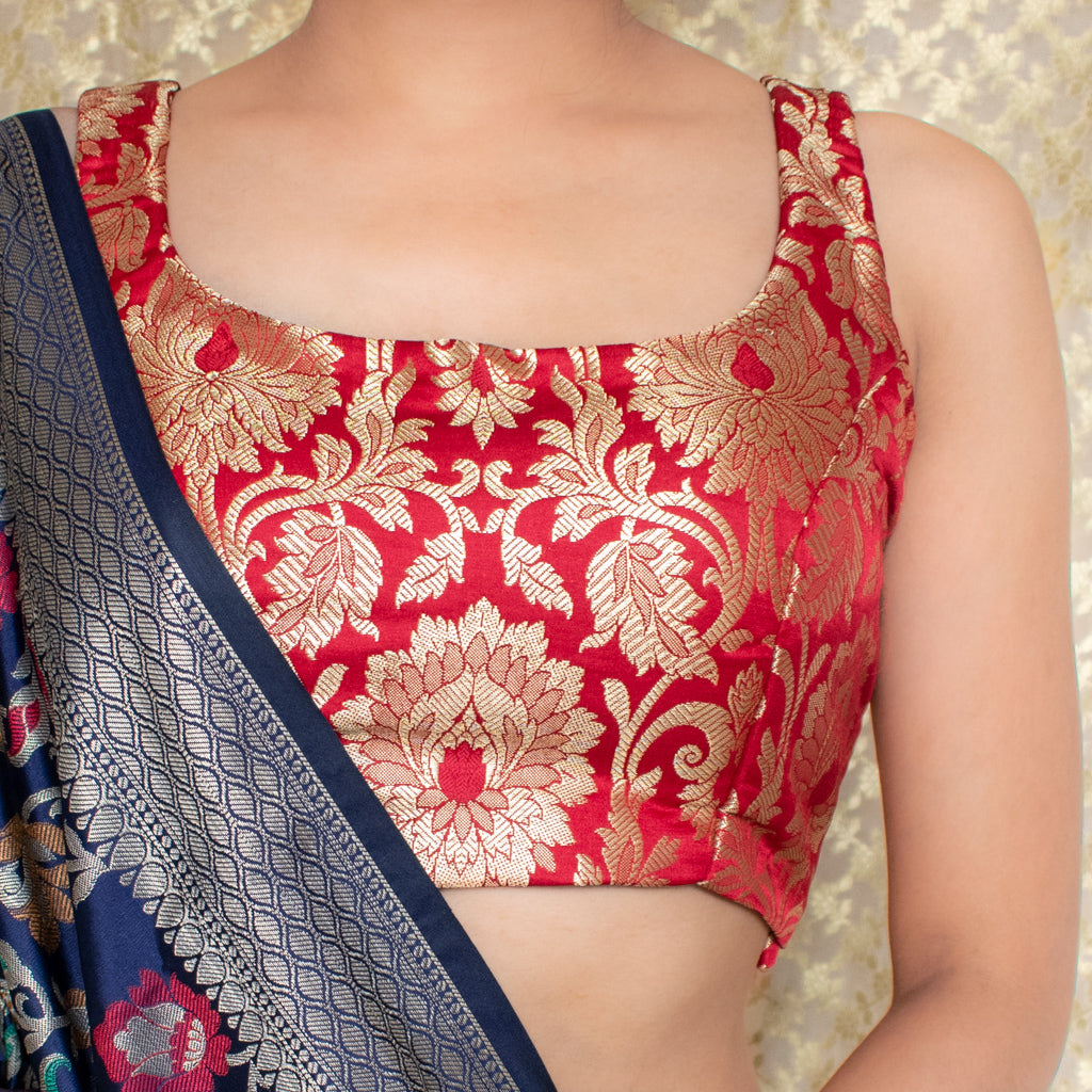Banarasi Silk Stitched Sleeveless Blouse-Red