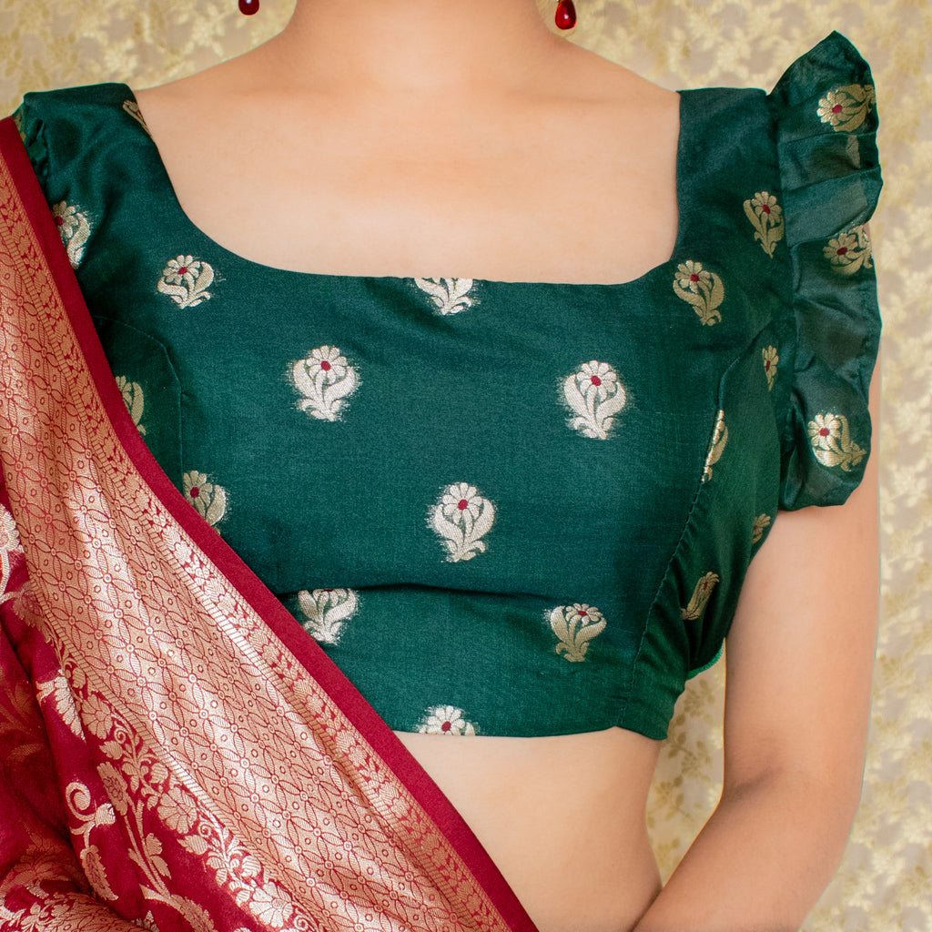 Banarasi Stitched Ruffle Sleeves Blouse-Bottle Green