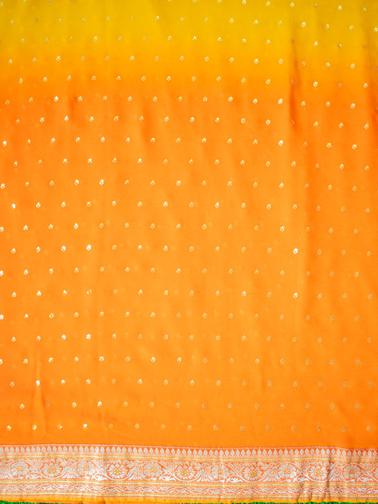 Dual Shade Semi Chiffon Gold Printed Saree With Zari Border-Orange