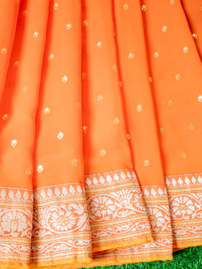 Dual Shade Semi Chiffon Gold Printed Saree With Zari Border-Orange