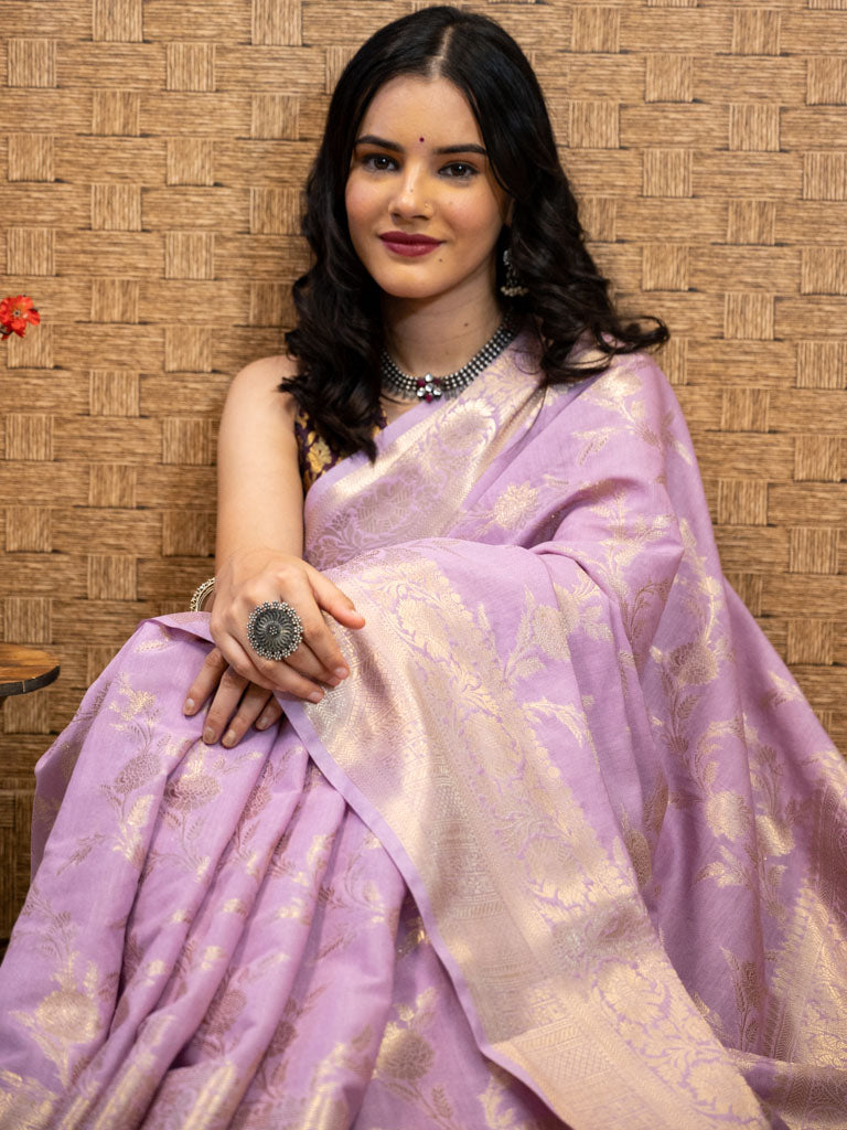 Banarasi Semi Silk Saree With Zari Weaving-Lavender
