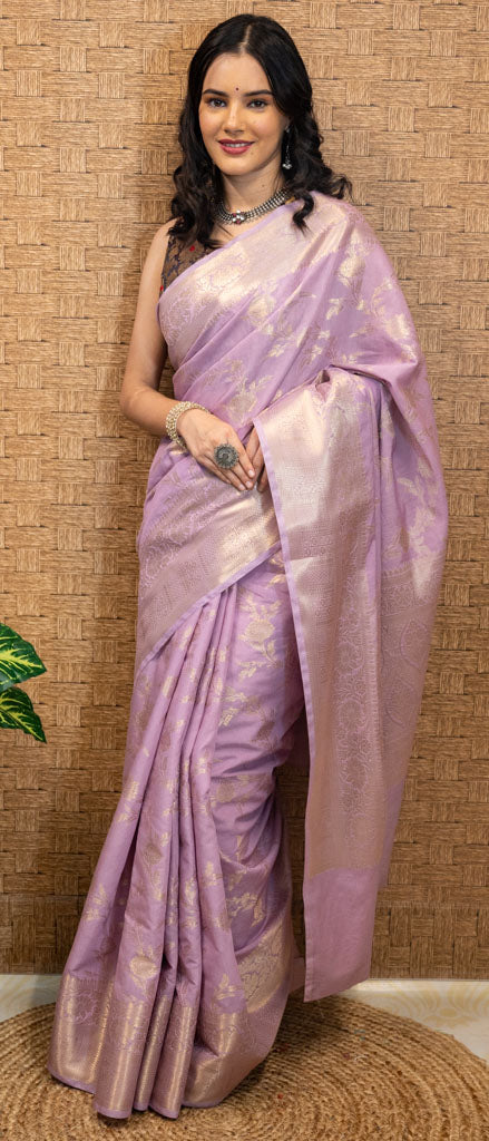 Banarasi Semi Silk Saree With Zari Weaving-Lavender