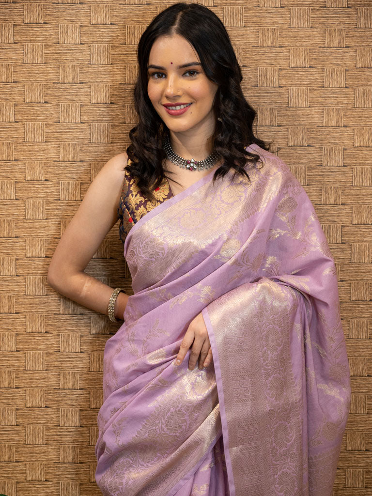 Banarasi Semi Silk Saree With Zari Weaving-Lavender