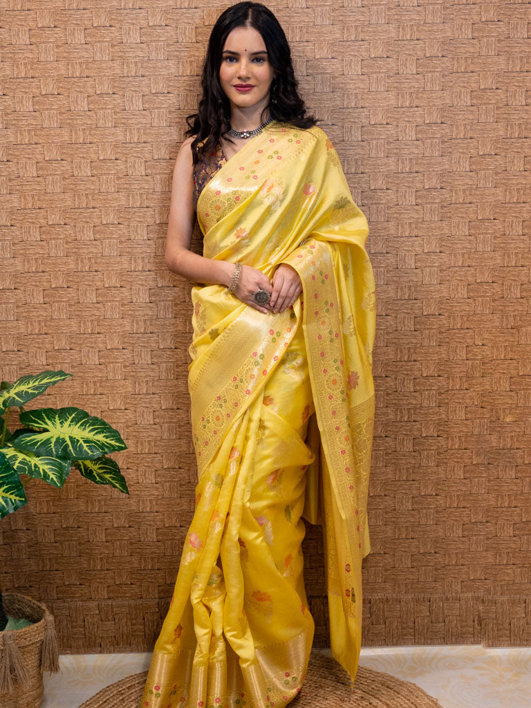 Banarasi Handwoven Pure Dupion Silk Saree With Meena & Zari Floral Weaving-Yellow