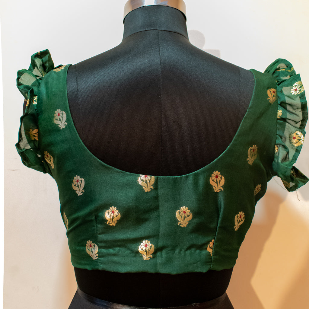 Banarasi Stitched Ruffle Sleeves Blouse-Bottle Green