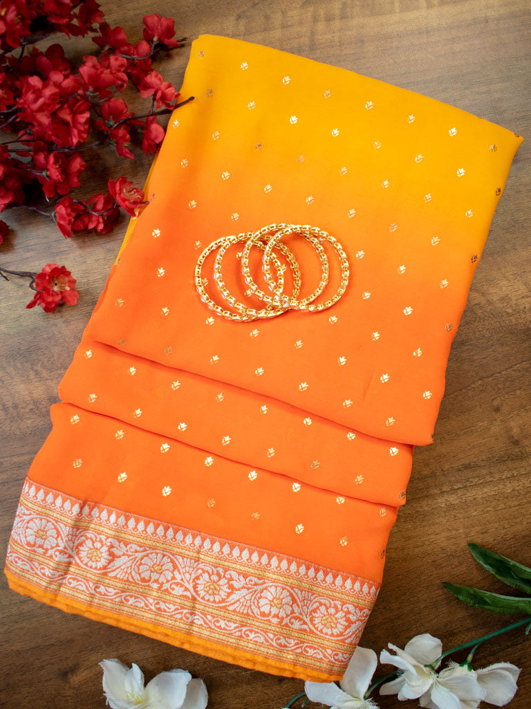 Dual Shade Semi Chiffon Gold Printed Saree With Zari Border-Orange