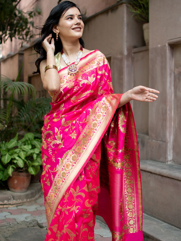 Banarasi Art Katan Silk Saree With Jaal Weaving-Pink