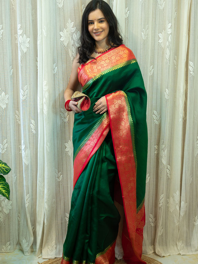 Banarasi Handwoven Plain Pure Dupion Silk Saree-Green