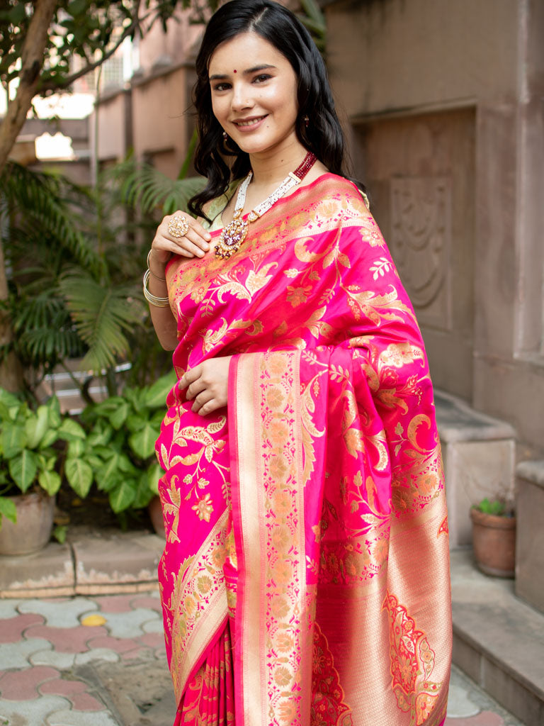 Banarasi Art Katan Silk Saree With Jaal Weaving-Pink