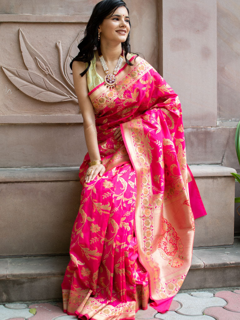Banarasi Art Katan Silk Saree With Jaal Weaving-Pink