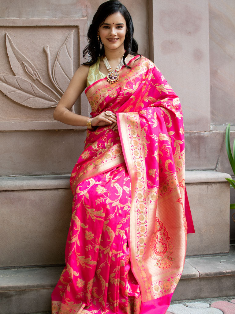 Banarasi Art Katan Silk Saree With Jaal Weaving-Pink