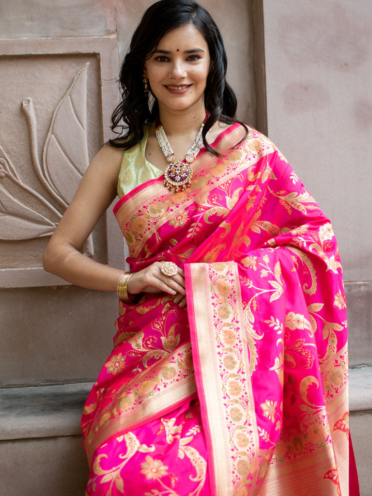 Banarasi Art Katan Silk Saree With Jaal Weaving-Pink