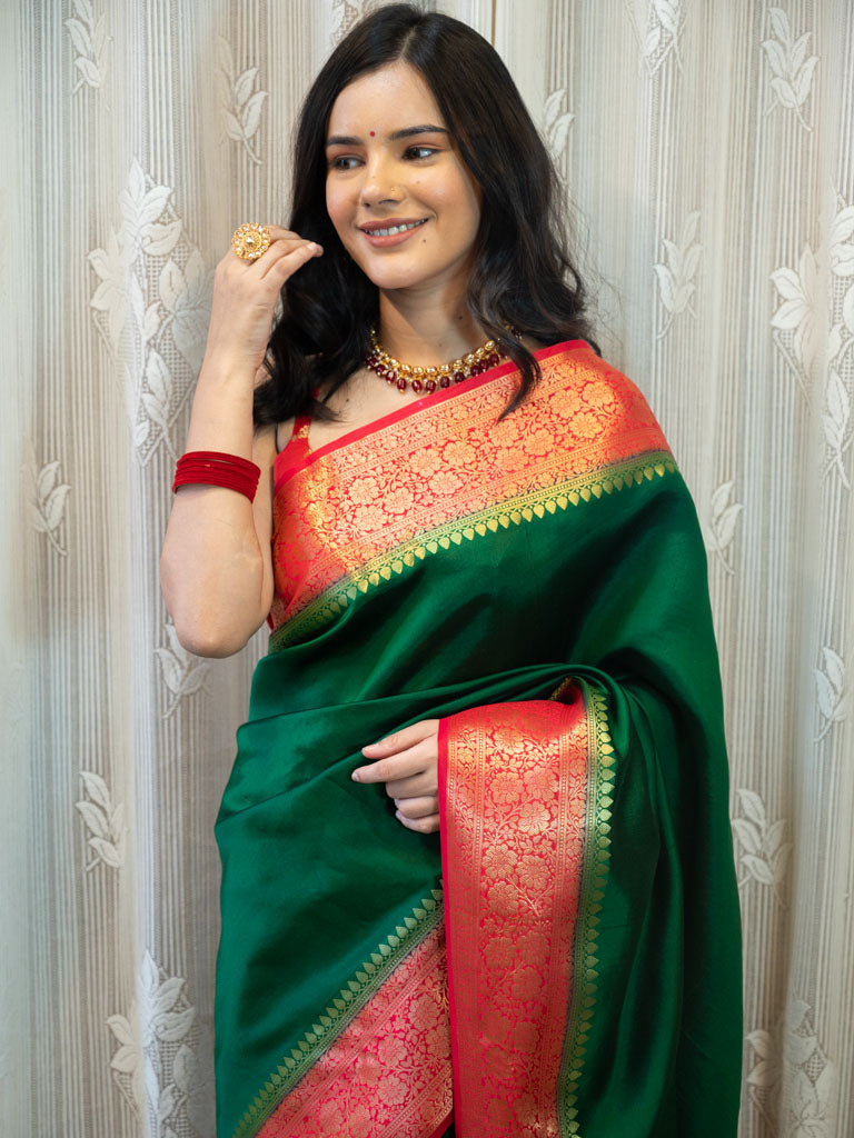 Banarasi Handwoven Plain Pure Dupion Silk Saree-Green