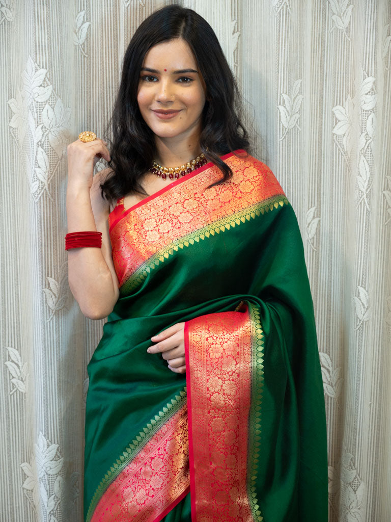 Banarasi Handwoven Plain Pure Dupion Silk Saree-Green