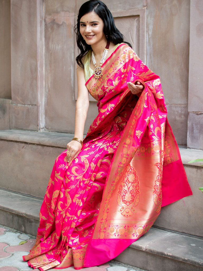 Banarasi Art Katan Silk Saree With Jaal Weaving-Pink