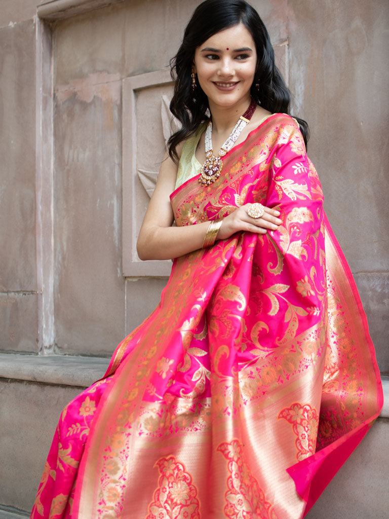 Banarasi Art Katan Silk Saree With Jaal Weaving-Pink