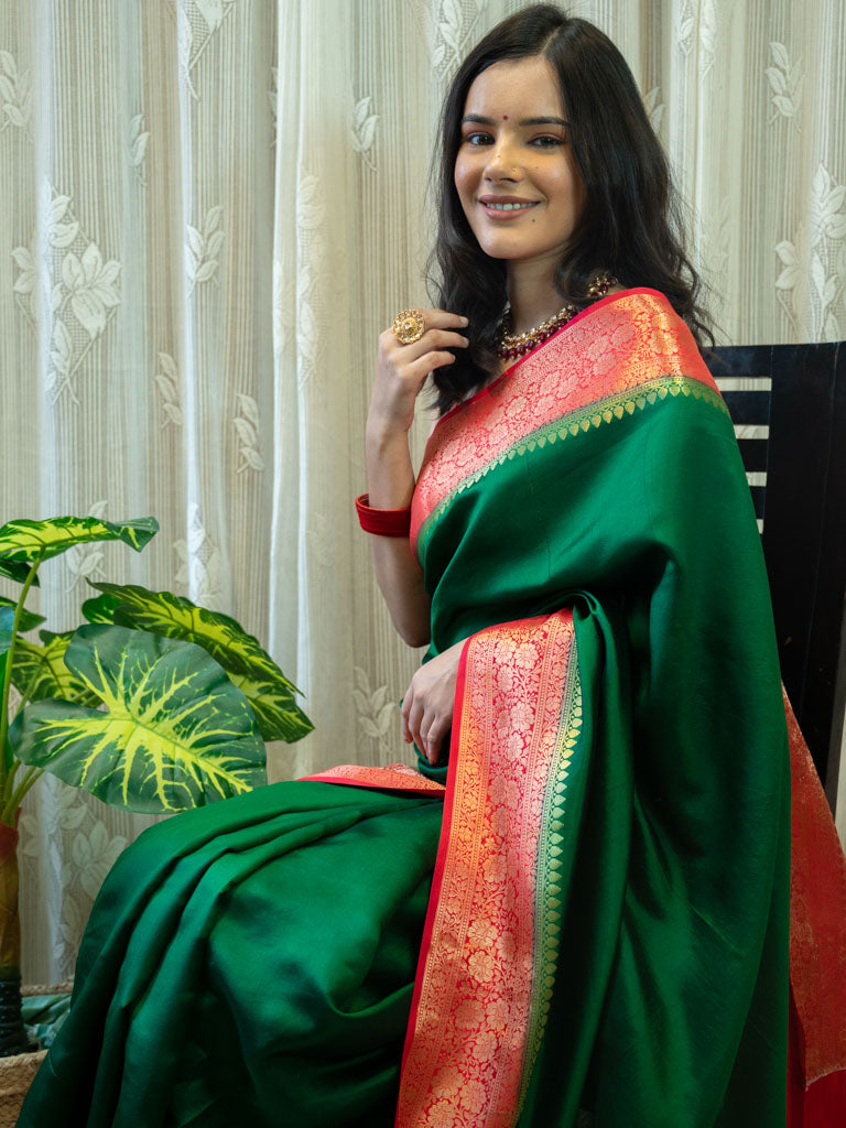 Banarasi Handwoven Plain Pure Dupion Silk Saree-Green