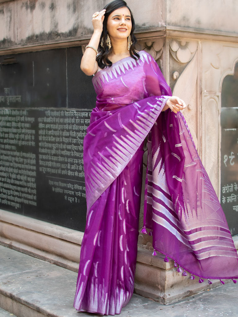 Banarasi Organza Saree With Silver Zari Border-Purple