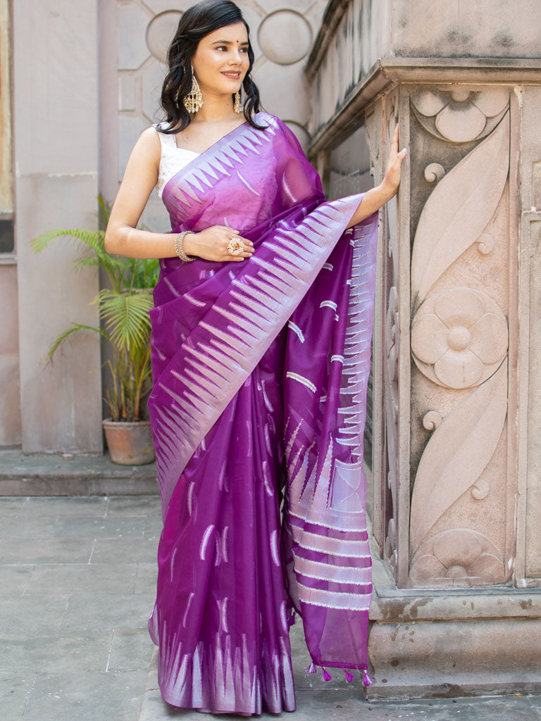 Banarasi Organza Saree With Silver Zari Border-Purple
