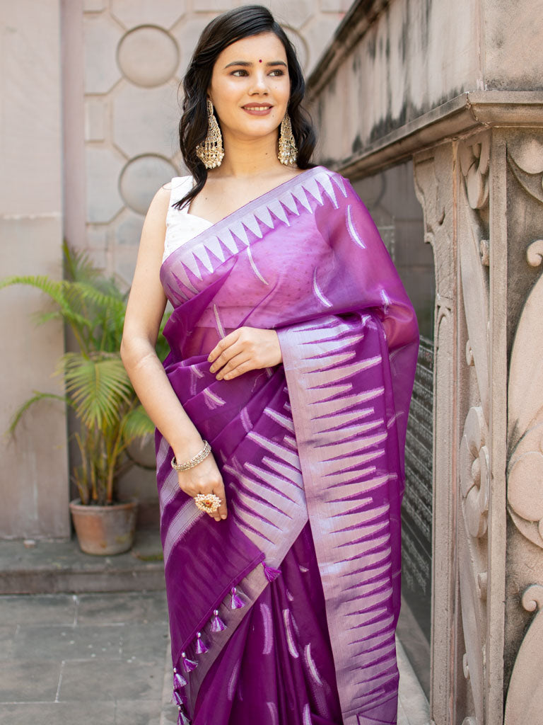 Banarasi Organza Saree With Silver Zari Border-Purple