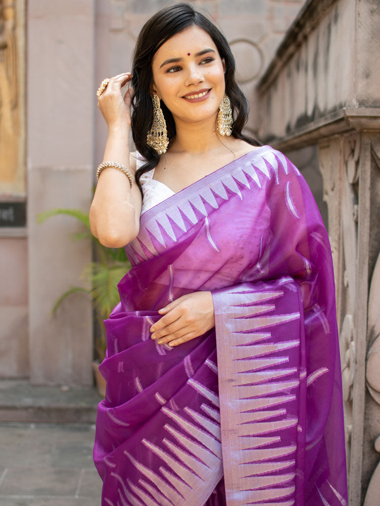 Banarasi Organza Saree With Silver Zari Border-Purple