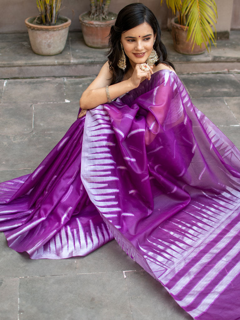 Banarasi Organza Saree With Silver Zari Border-Purple