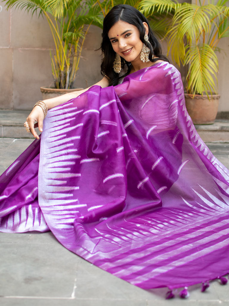 Banarasi Organza Saree With Silver Zari Border-Purple