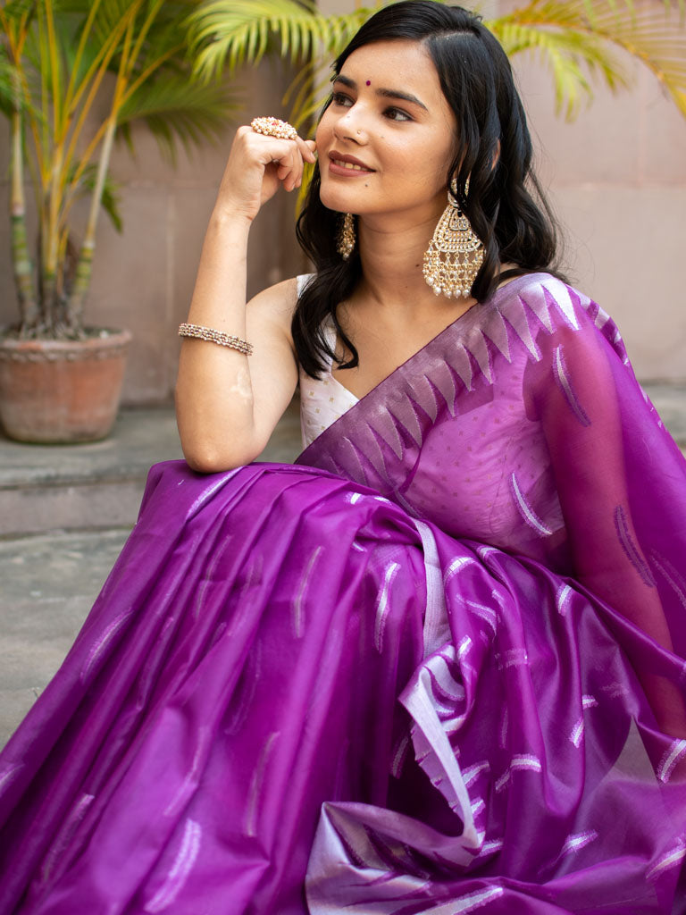 Banarasi Organza Saree With Silver Zari Border-Purple