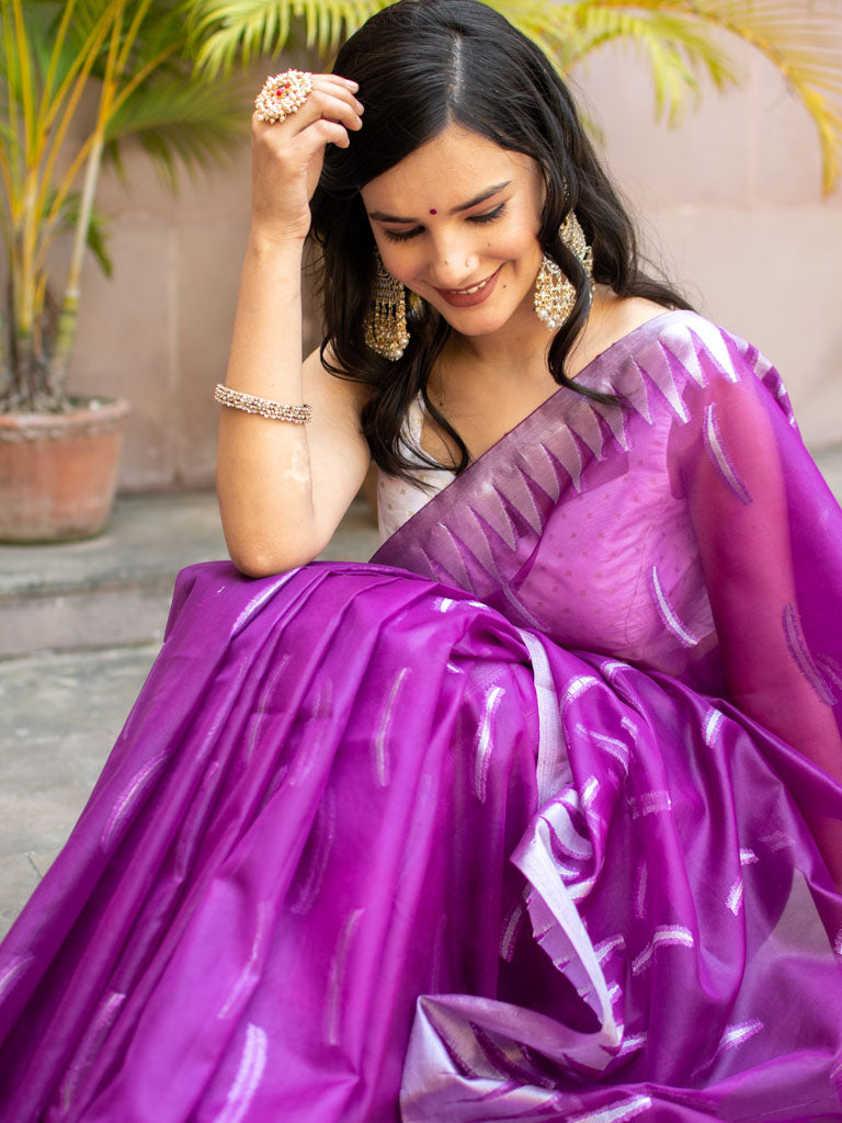 Banarasi Organza Saree With Silver Zari Border-Purple