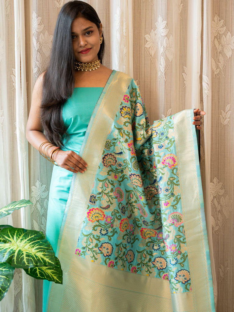 Banarasi Plain Salwar Kameez Material With Contrast Meenakari Dupatta-Aqua Blue