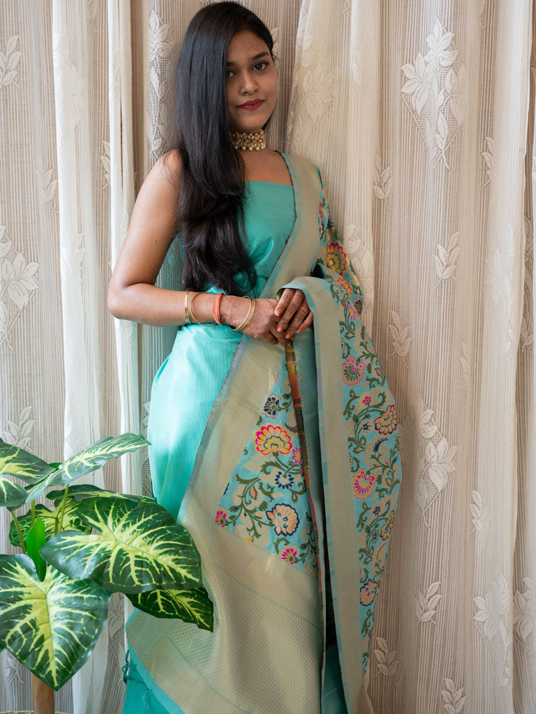 Banarasi Plain Salwar Kameez Material With Contrast Meenakari Dupatta-Aqua Blue