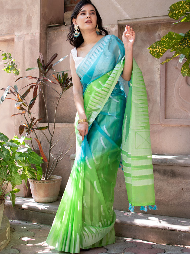Banarasi Dual Shade Organza Saree With Silver Zari Border-Blue & Green