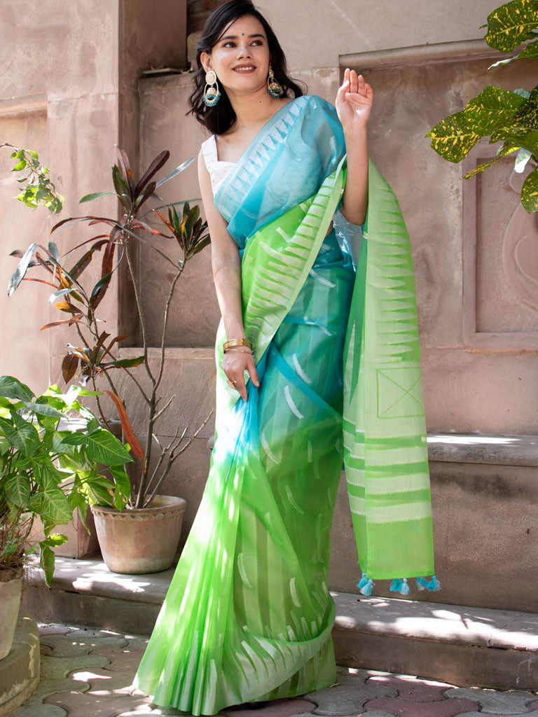 Banarasi Dual Shade Organza Saree With Silver Zari Border-Blue & Green