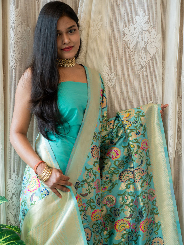Banarasi Plain Salwar Kameez Material With Contrast Meenakari Dupatta-Aqua Blue