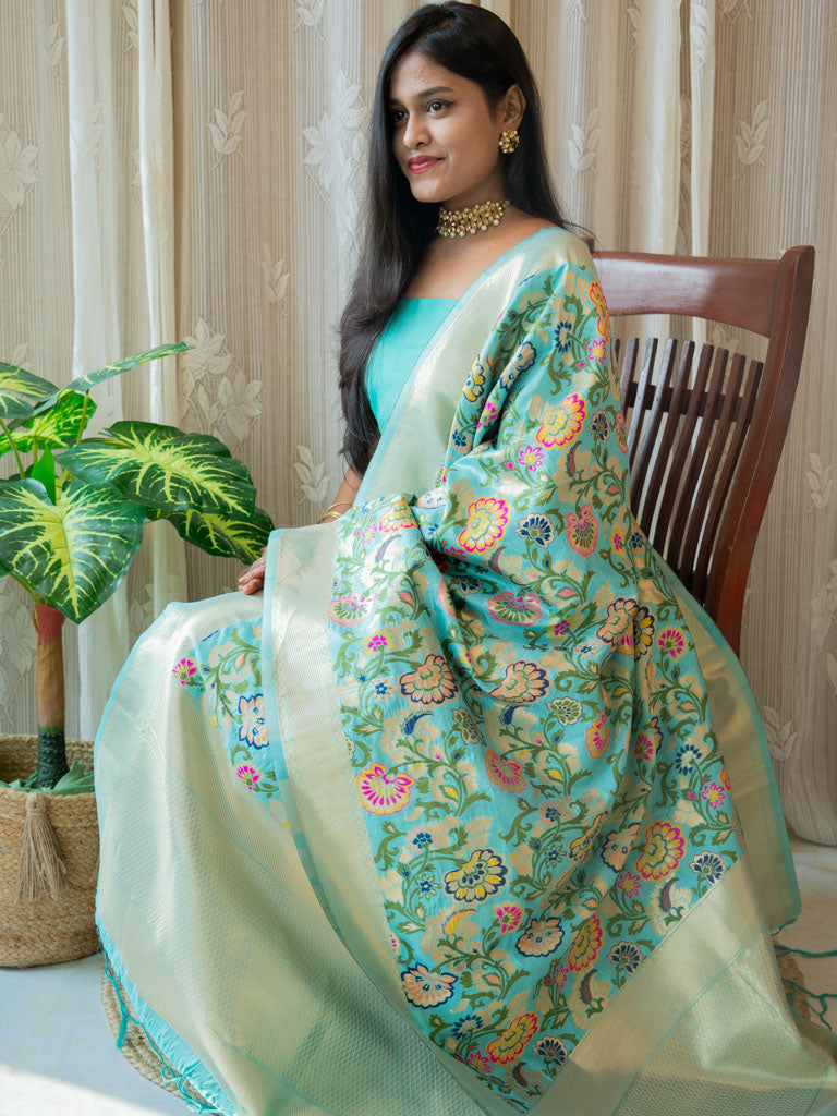 Banarasi Plain Salwar Kameez Material With Contrast Meenakari Dupatta-Aqua Blue
