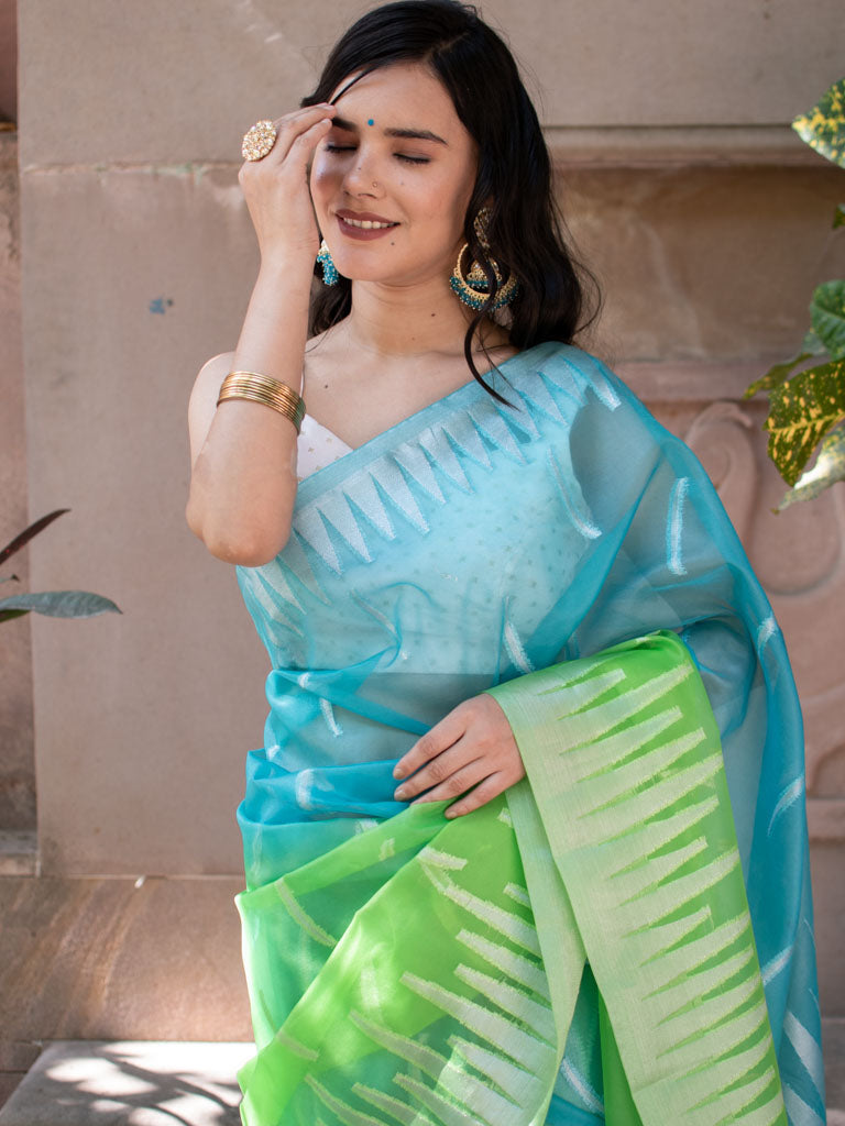 Banarasi Dual Shade Organza Saree With Silver Zari Border-Blue & Green