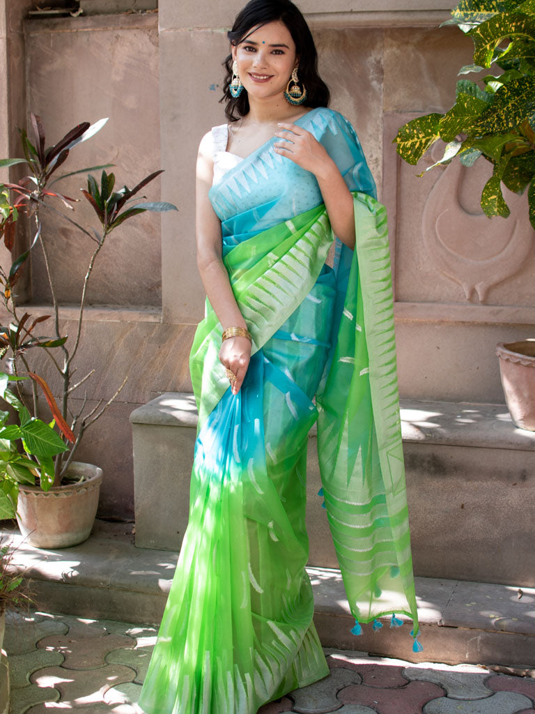Banarasi Dual Shade Organza Saree With Silver Zari Border-Blue & Green