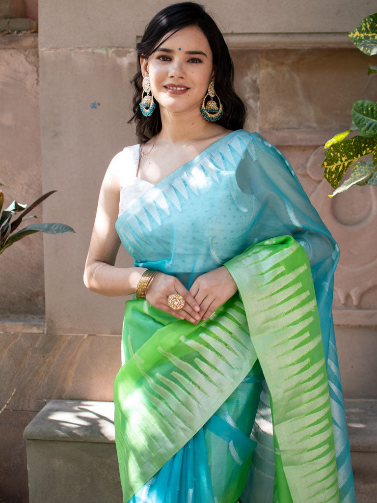 Banarasi Dual Shade Organza Saree With Silver Zari Border-Blue & Green