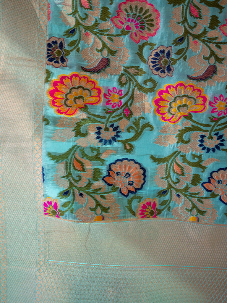 Banarasi Plain Salwar Kameez Material With Contrast Meenakari Dupatta-Aqua Blue