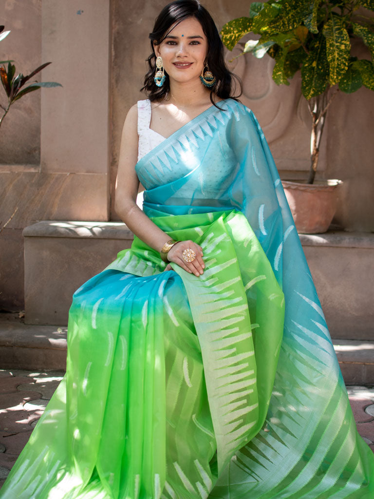 Banarasi Dual Shade Organza Saree With Silver Zari Border-Blue & Green