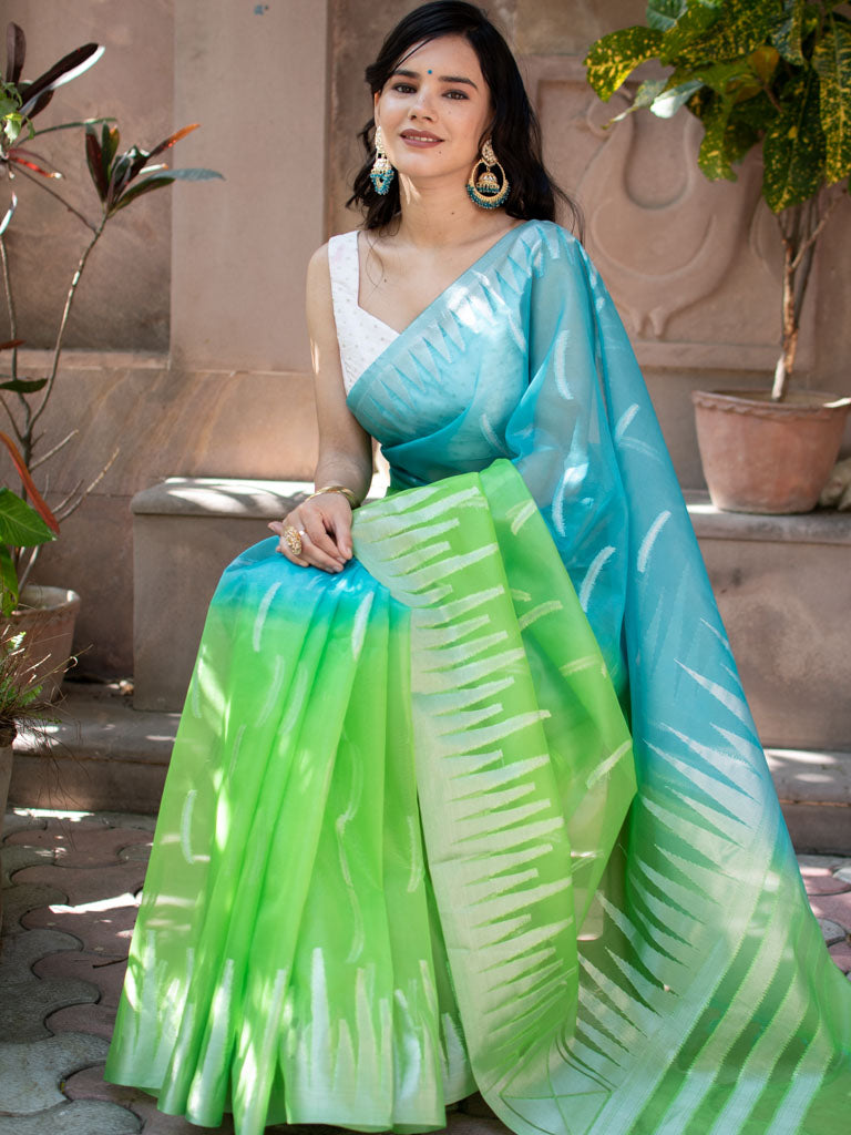 Banarasi Dual Shade Organza Saree With Silver Zari Border-Blue & Green