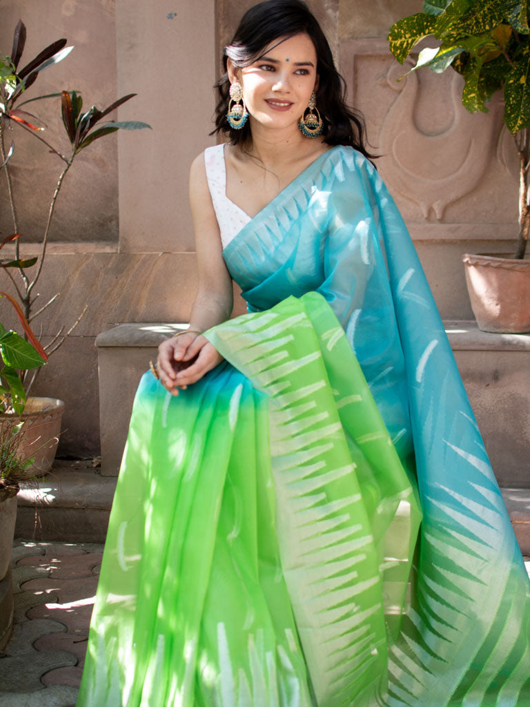 Banarasi Dual Shade Organza Saree With Silver Zari Border-Blue & Green
