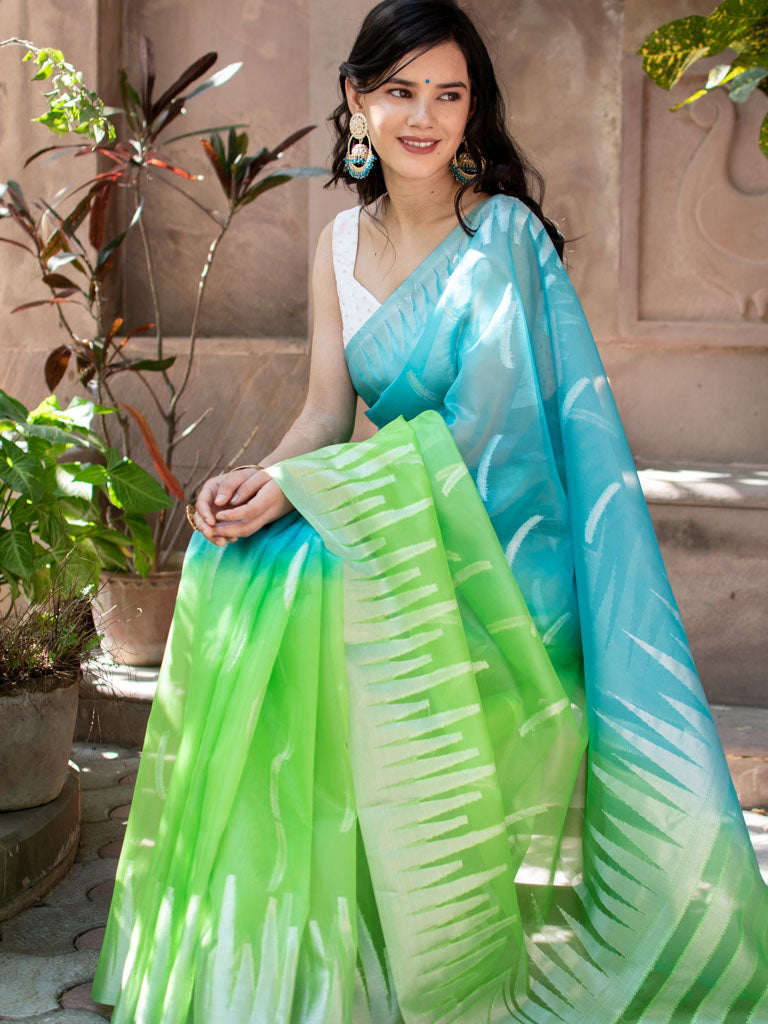 Banarasi Dual Shade Organza Saree With Silver Zari Border-Blue & Green
