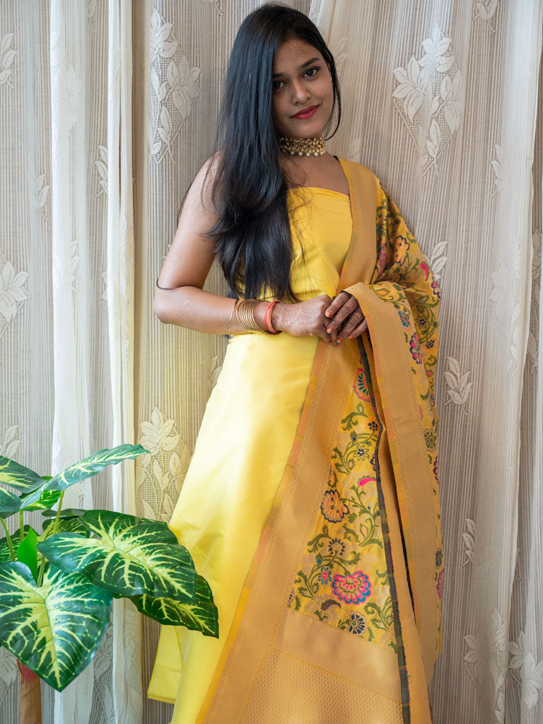 Banarasi Plain Salwar Kameez Material With Contrast Meenakari Dupatta-Yellow