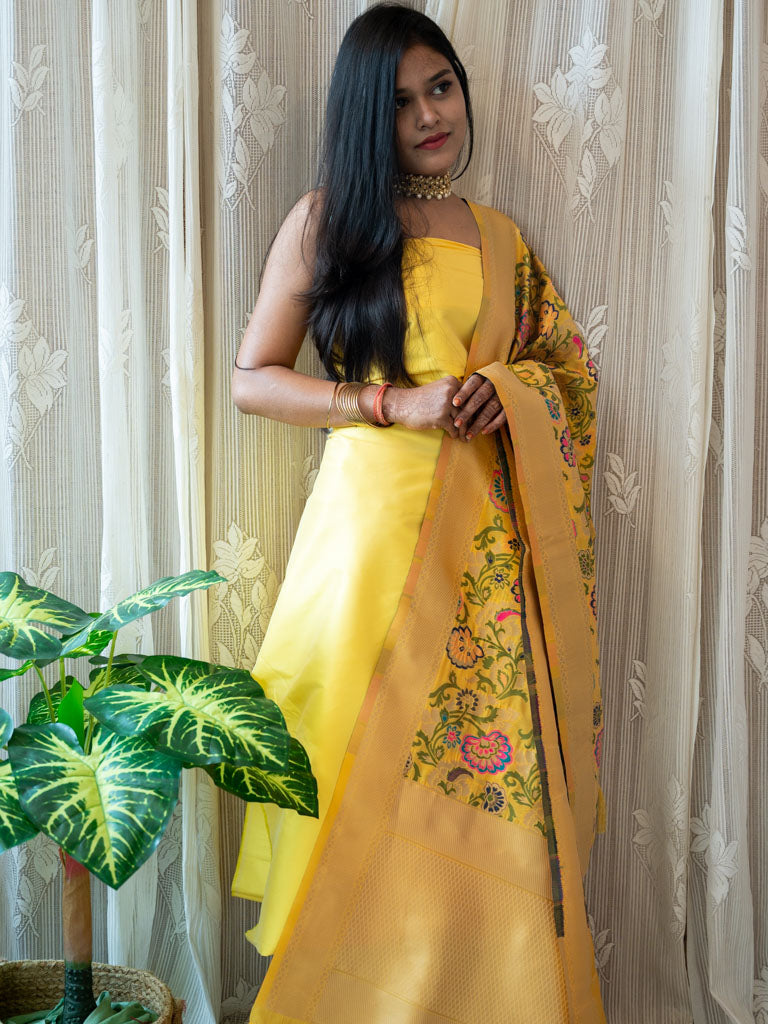 Banarasi Plain Salwar Kameez Material With Contrast Meenakari Dupatta-Yellow