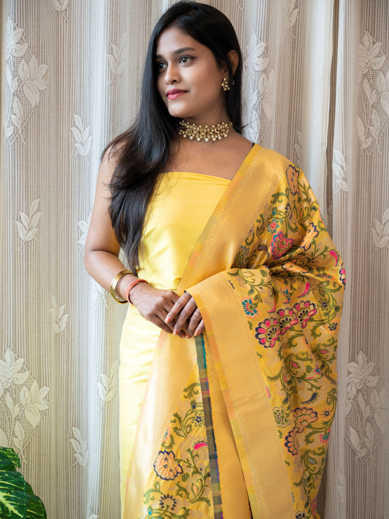 Banarasi Plain Salwar Kameez Material With Contrast Meenakari Dupatta-Yellow