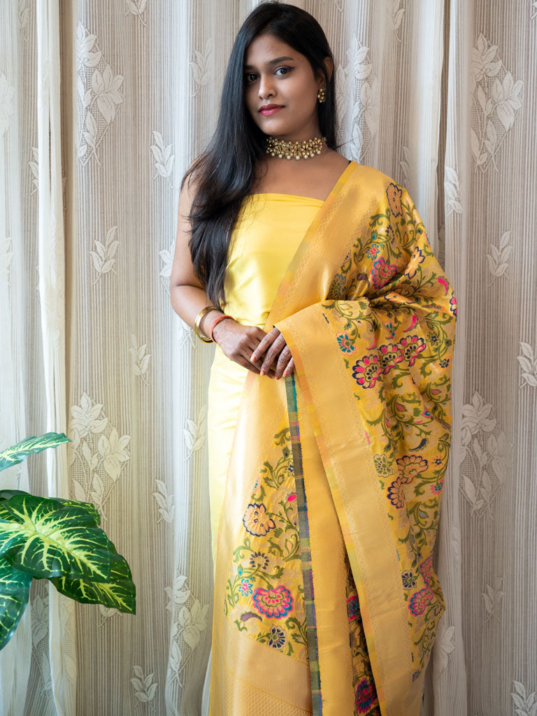 Banarasi Plain Salwar Kameez Material With Contrast Meenakari Dupatta-Yellow
