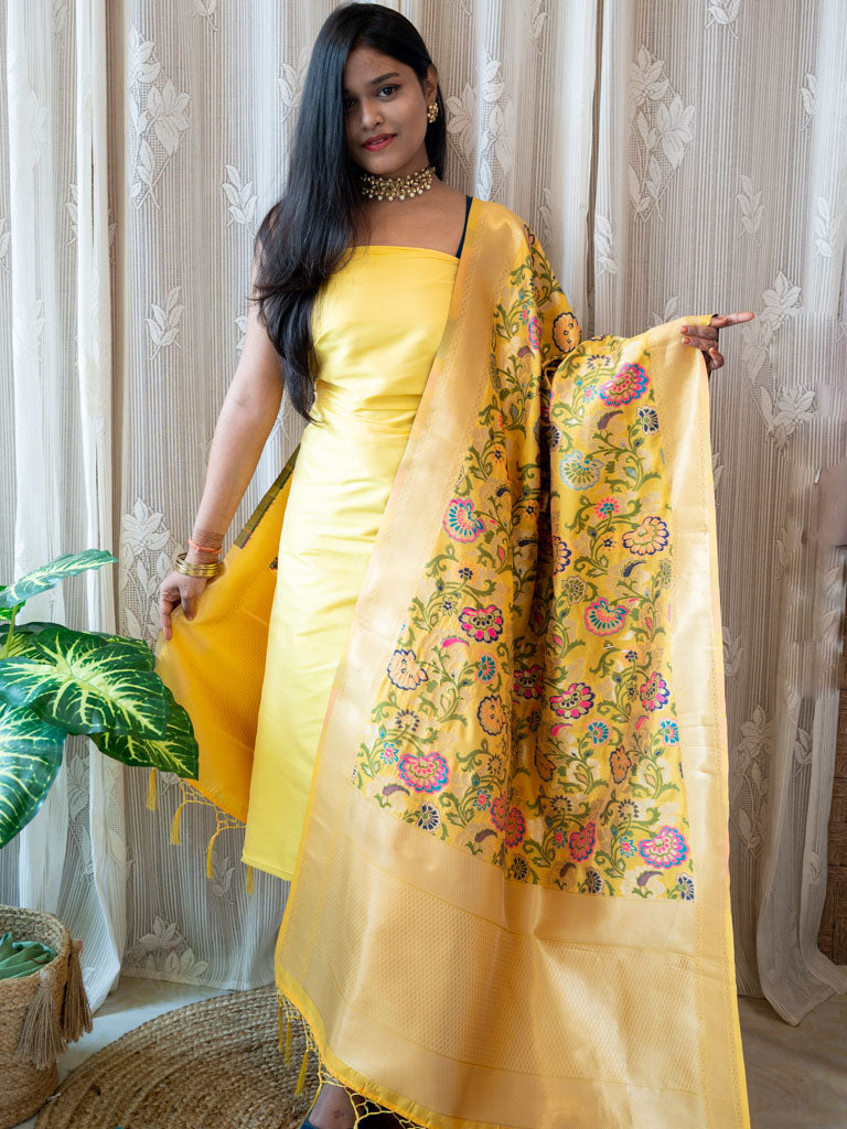 Banarasi Plain Salwar Kameez Material With Contrast Meenakari Dupatta-Yellow