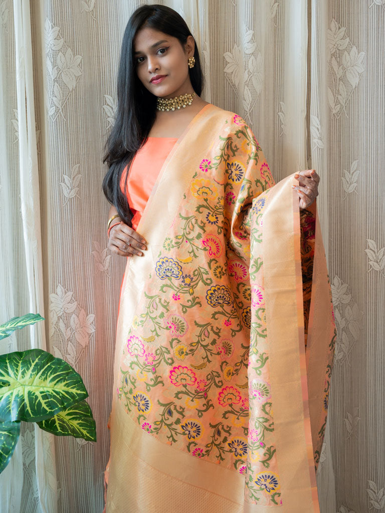 Banarasi Plain Salwar Kameez Material With Contrast Meenakari Dupatta-Peach
