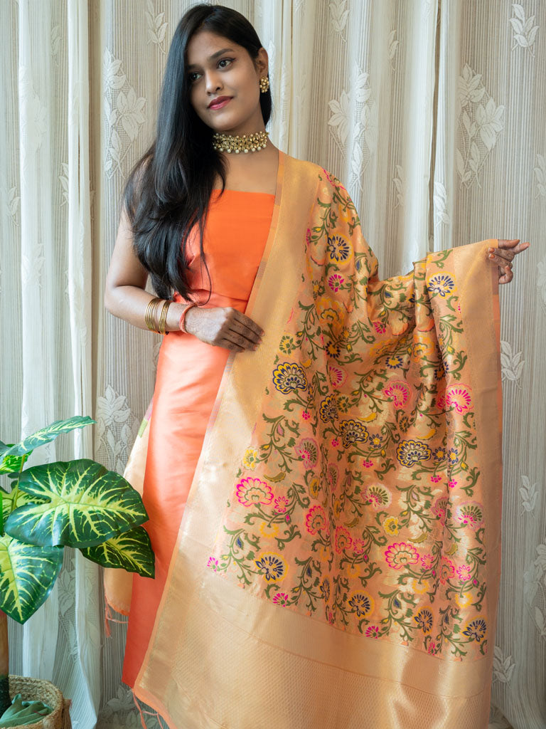 Banarasi Plain Salwar Kameez Material With Contrast Meenakari Dupatta-Peach